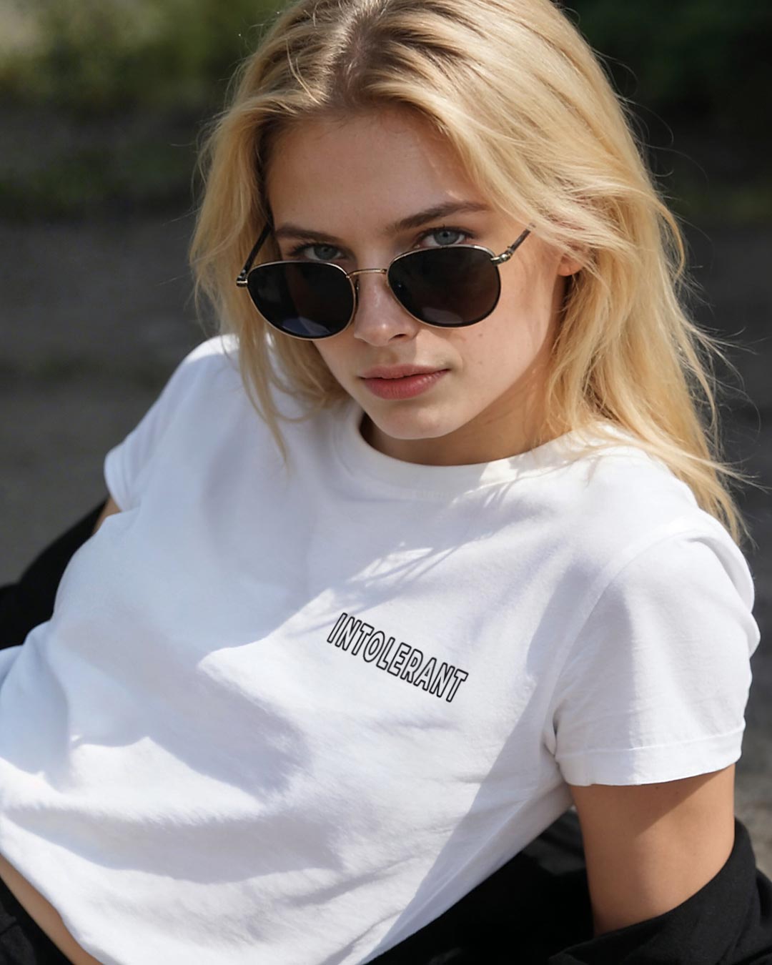 Eine junge Frau im weißen INTOLERANT Minimal T-Shirt liegt entspannt auf einer Wiese.