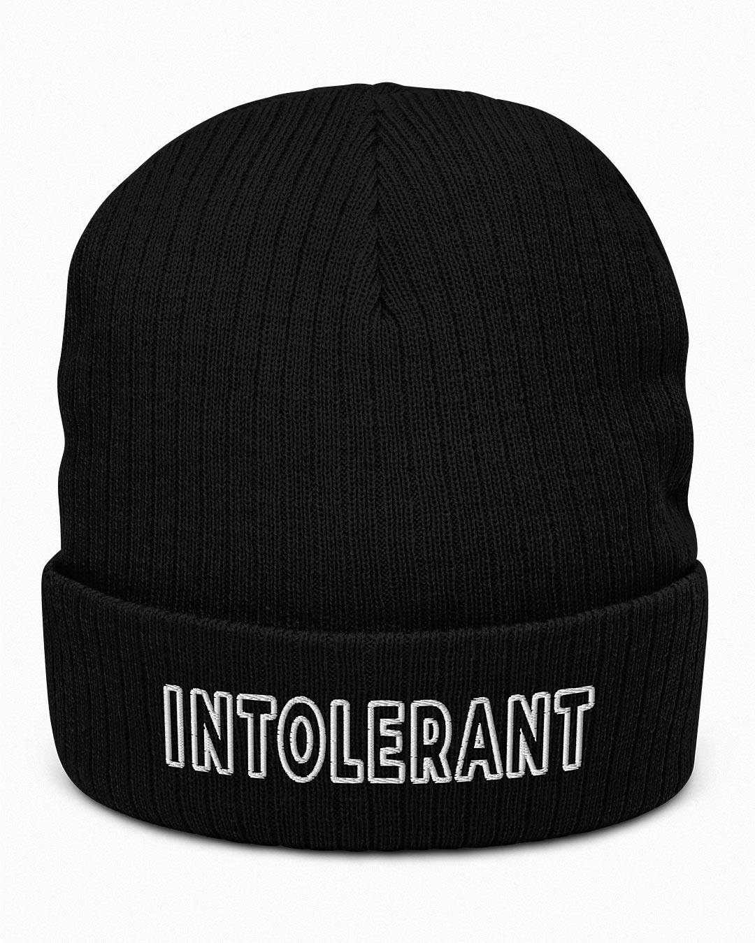 Produktfoto der schwarzen INTOLERANT Beanie – hochwertiges Material und saubere Verarbeitung für langlebige Standhaftigkeit.
