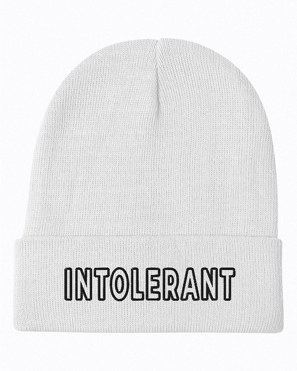 Weitere Gesamtansicht der weißen INTOLERANT Beanie mit schwarzem Stick.