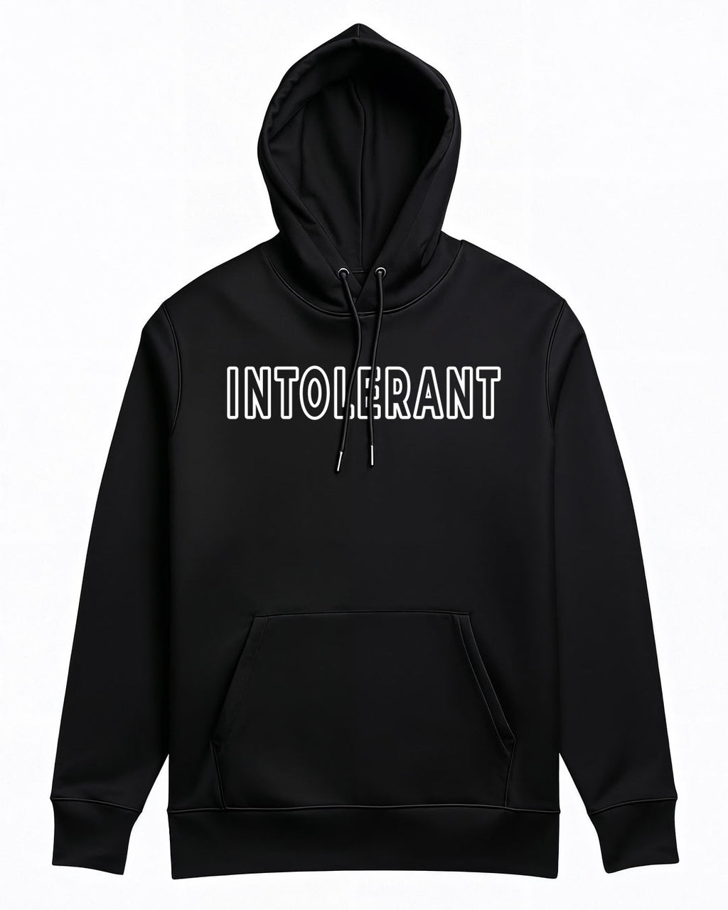 Hochwertiger schwarzer Hoodie der INTOLERANT Classic Edition – tiefschwarzer, schwerer Stoff mit edlem weißen Druck.