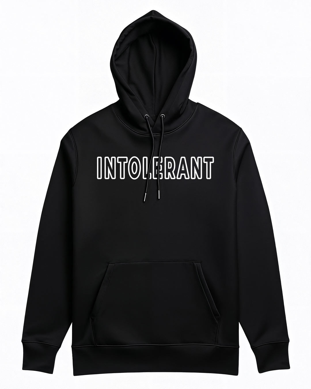 Hochwertiger schwarzer Hoodie der INTOLERANT Classic Edition – tiefschwarzer, schwerer Stoff mit edlem weißen Druck.