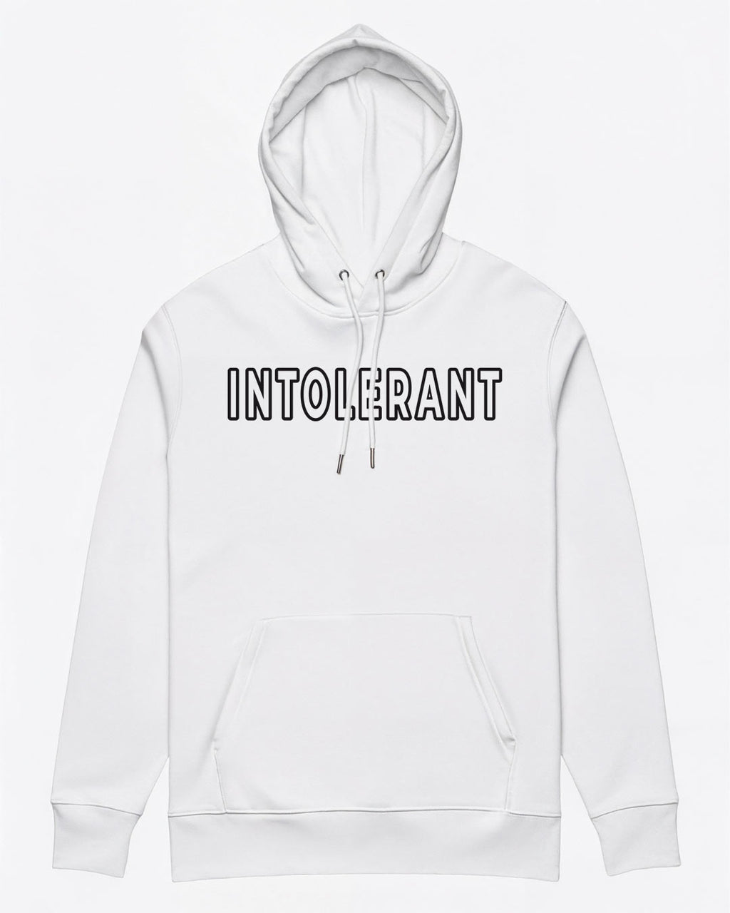 Hochwertiger weißer Herren-Hoodie der INTOLERANT Classic Edition – Arctic White mit markantem schwarzen Druck und stabiler Kapuze.