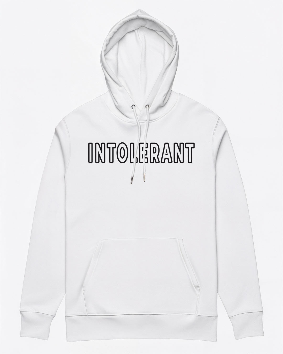 Hochwertiger weißer Herren-Hoodie der INTOLERANT Classic Edition – Arctic White mit markantem schwarzen Druck und stabiler Kapuze.
