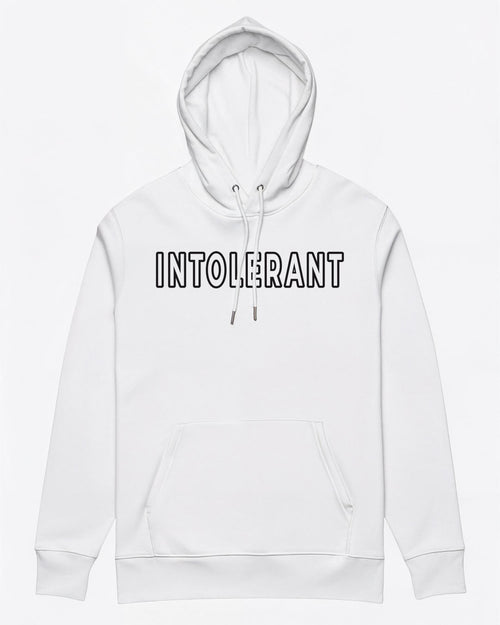 Hochwertiger weißer Herren-Hoodie der INTOLERANT Classic Edition – Arctic White mit markantem schwarzen Druck und stabiler Kapuze.