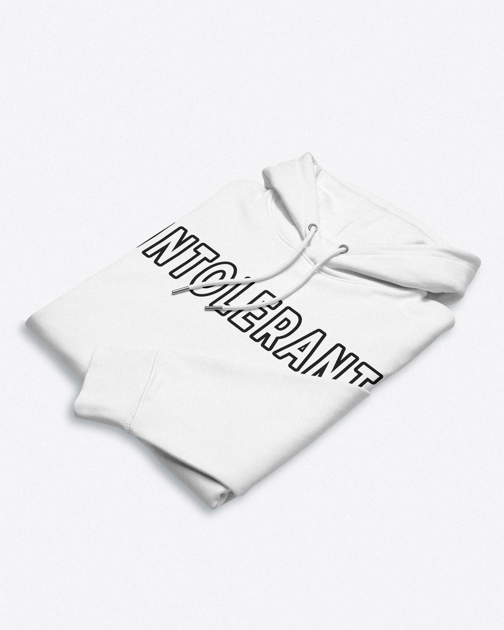 Detailaufnahme des schwarzen Drucks auf dem weißen Stoff des Classic Hoodies – präzise Konturen und langlebige Veredelung.