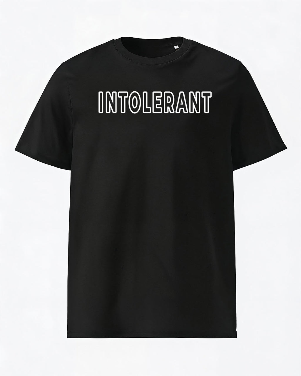 Hochwertiges schwarzes Herren T-Shirt der INTOLERANT Classic Edition – tiefschwarzer Stoff mit markantem weißen Logo-Druck in der Frontalansicht.