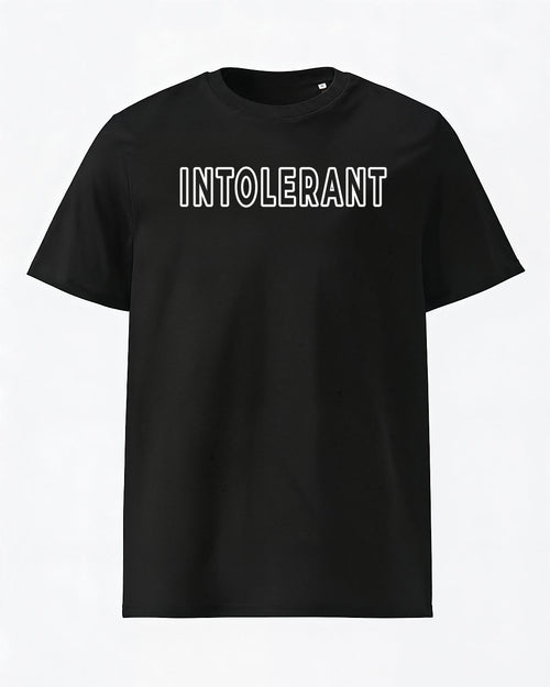 Hochwertiges schwarzes Herren T-Shirt der INTOLERANT Classic Edition – tiefschwarzer Stoff mit markantem weißen Logo-Druck in der Frontalansicht.