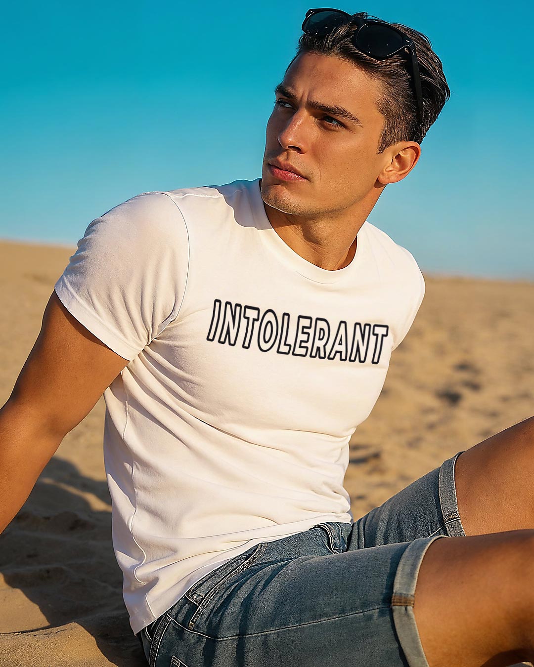 Junger Mann sitzt an einem sonnigen Tag am Strand hat die Arme nach hinten abgestützt und blickt über seine rechte Schulter in die Ferne. Er trägt eine Sonnenbrille auf dem Kopf, ein weißes INTOLERANT Classic T-Shirt und eine kurze Jeans.