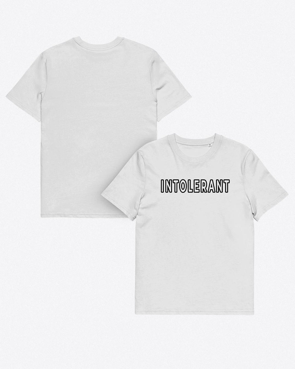 Vorder- und Rückansicht des INTOLERANT Classic T-Shirts in Weiß – zeigt den hochwertigen Brust-Druck und den sauberen Schnitt der Passform.