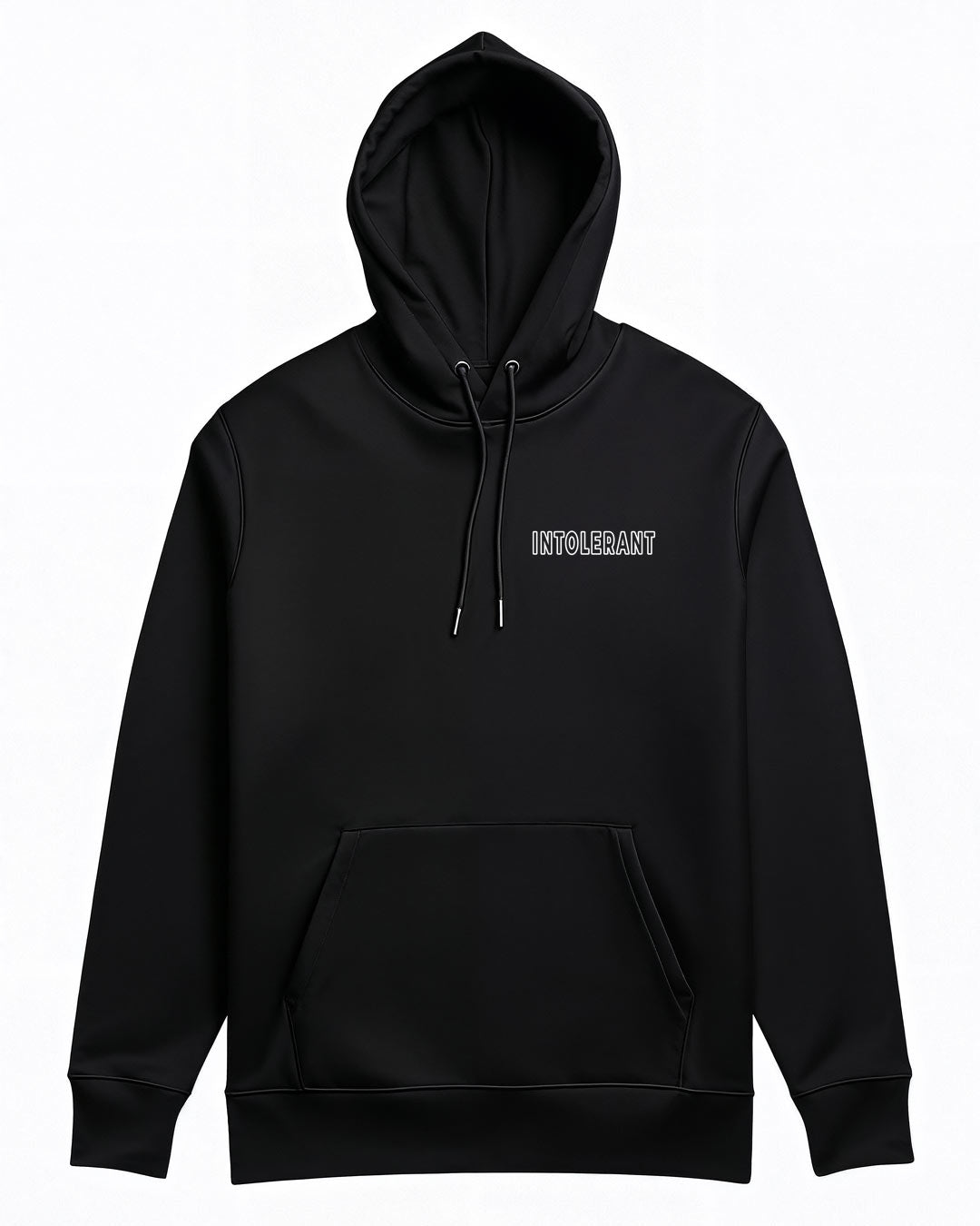 Massiver schwarzer Hoodie der INTOLERANT Minimal Edition mit edlem weißen Stick auf der Brust.