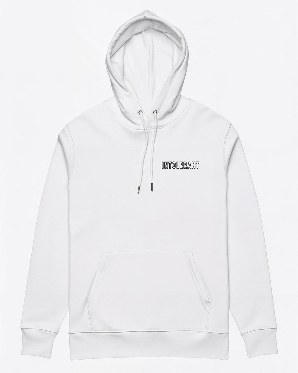 Qualitativ hochwertiger weißer Hoodie der INTOLERANT Minimal Edition mit edlem Stick auf der Brust.
