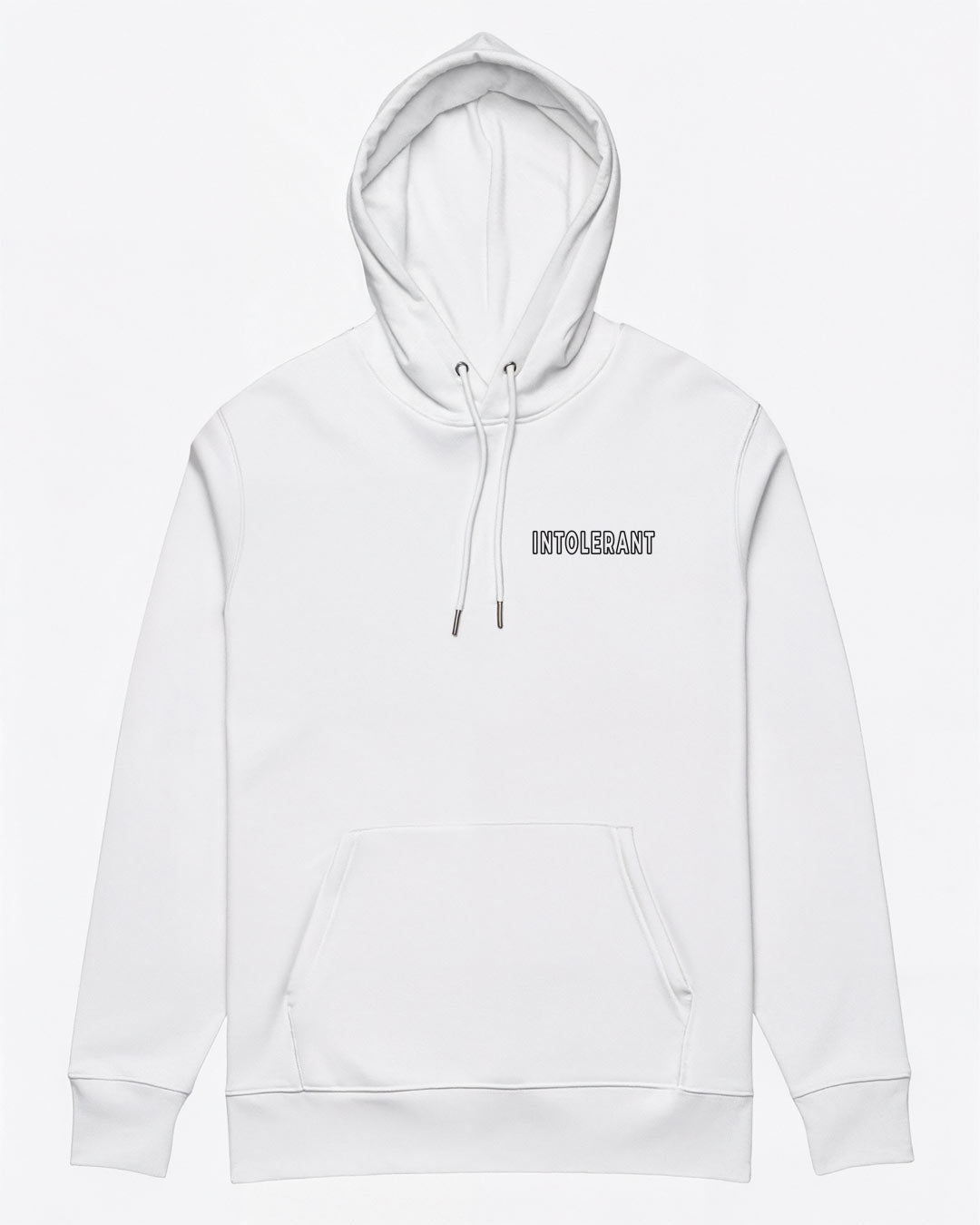 Qualitativ hochwertiger weißer Hoodie der INTOLERANT Minimal Edition mit edlem Stick auf der Brust.