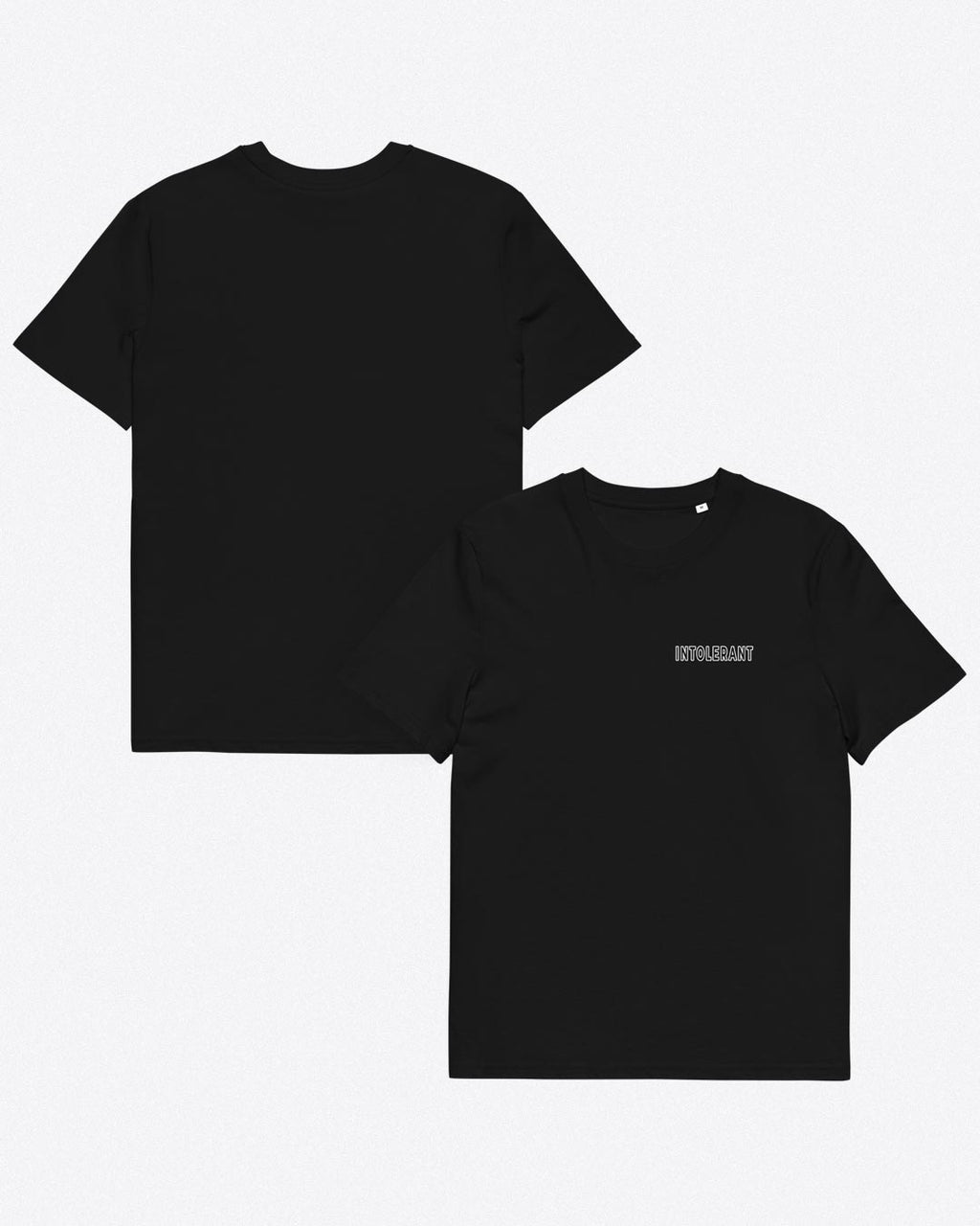 Vorder- und Rückseite des schwarzen Minimal T-Shirts von INTOLERANT – zeigt den schlichten Schnitt und das hochwertige Material.