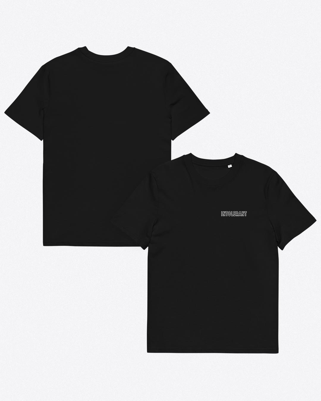 Vorder- und Rückseite des schwarzen Minimal T-Shirts von INTOLERANT – zeigt den schlichten Schnitt und das hochwertige Material.