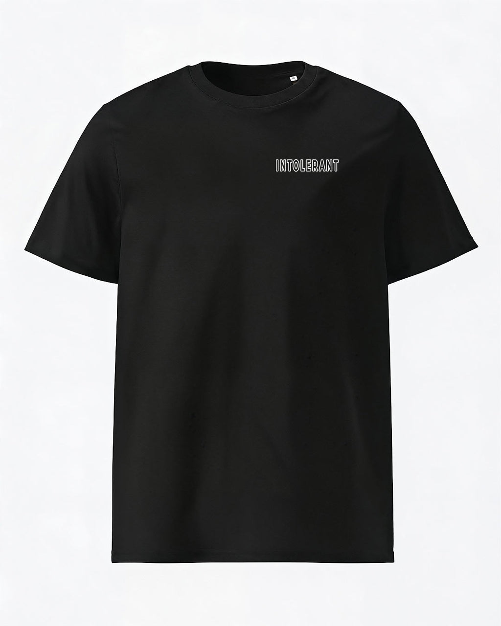 Schwarzes INTOLERANT Minimal Edition T-Shirt mit sauberem Druck – für eine dezente aber klare Aussage.