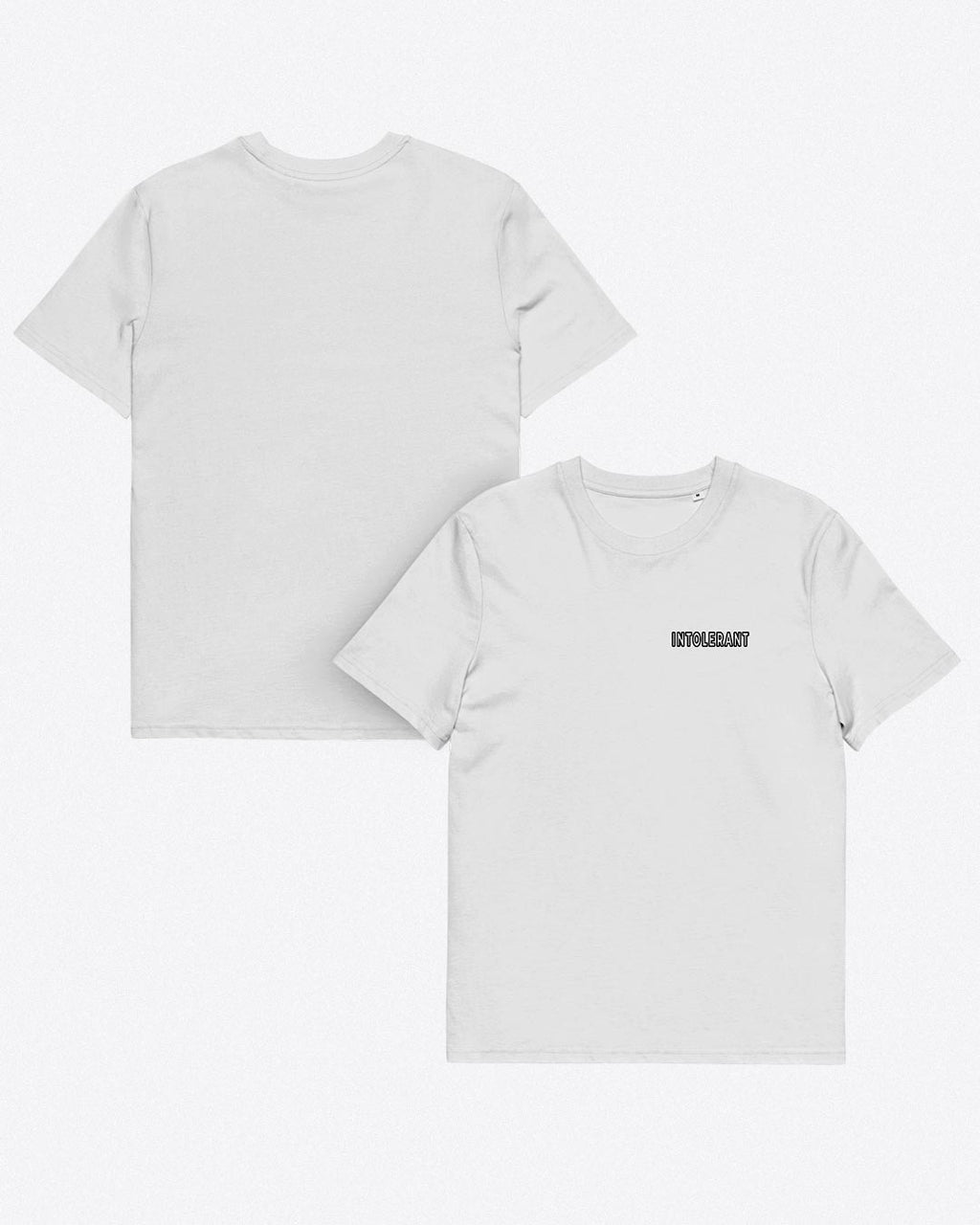 Vorder- und Rückseite des weißen Minimal T-Shirts – zeigt den schlichten Schnitt und die hochwertige Verarbeitung des Textils.