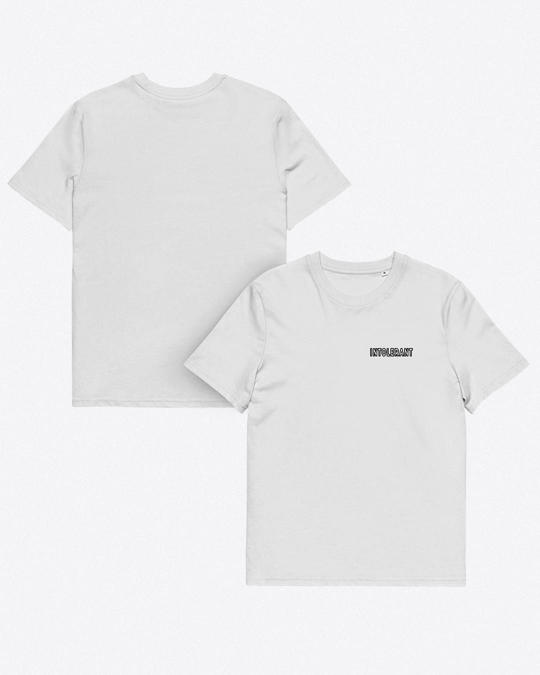 Vorder- und Rückseite des weißen Minimal T-Shirts – zeigt den schlichten Schnitt und die hochwertige Verarbeitung des Textils.