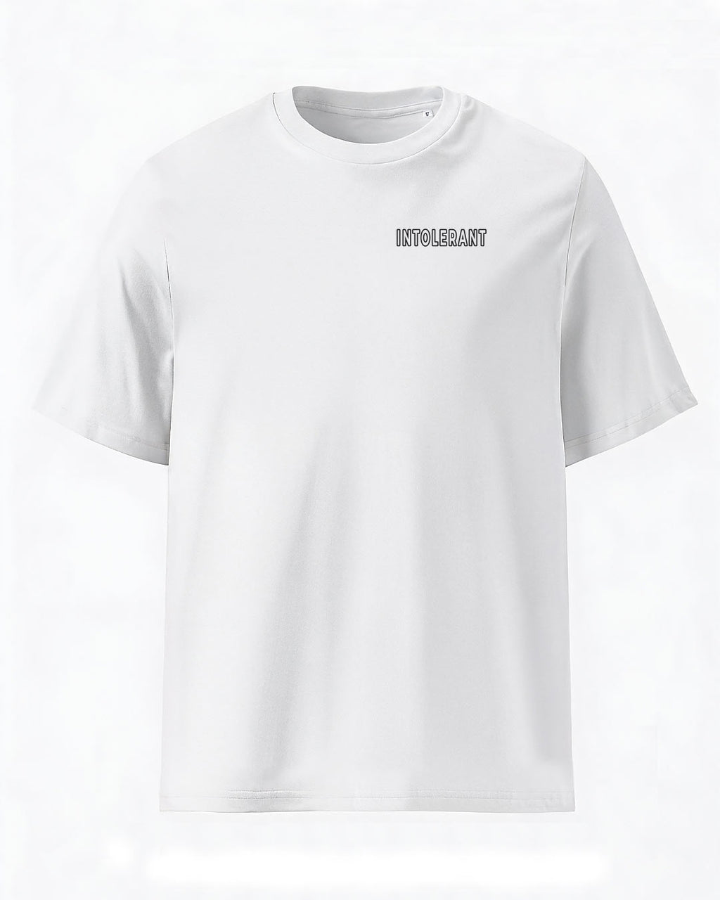 Hochwertiges weißes unisex T-Shirt der INTOLERANT Minimal Edition – feiner Druck für ein dezentes Statement.