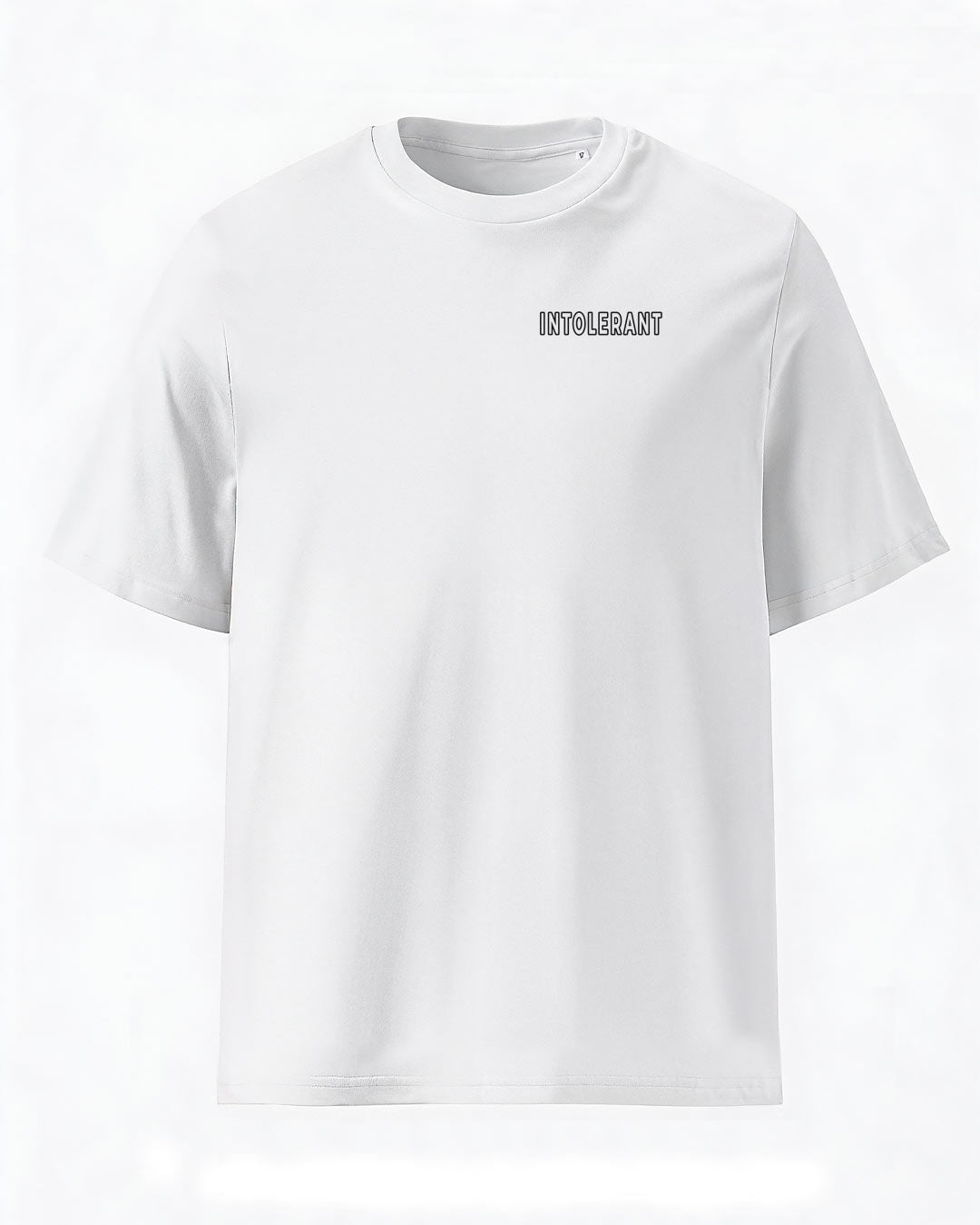 Hochwertiges weißes unisex T-Shirt der INTOLERANT Minimal Edition – feiner Druck für ein dezentes Statement.