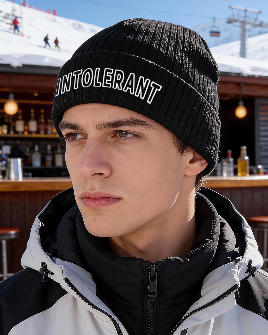Seitenansicht des Models mit der schwarzen INTOLERANT Beanie – zeigt die perfekte Passform und das dezente Branding.